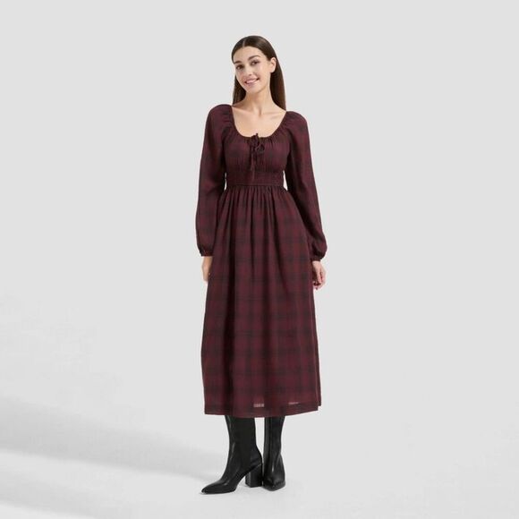 Universal Thread Dresses & Skirts - Women's Long Sleeve Midi A-Line Dress - Universal Thread Rosewood Brown Plaid XS
